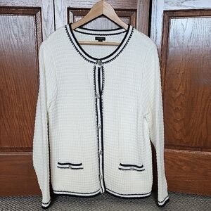J. Jill NWOT Cream & Navy Trim Button Up Cardigan Cotton Blend Women's Size Lg